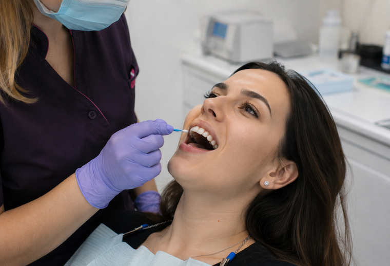Medicul aplică gel cu fluor în timpul tratamentului de fluorizare la Prodent Dr. Gruia Câmpina