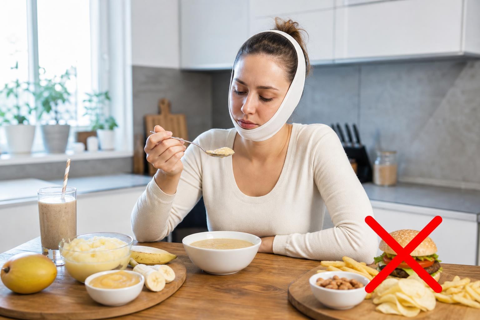Woman with a dental bandage eating soft soup and fruit while a red X marks out forbidden hard foods like a burger and fries.