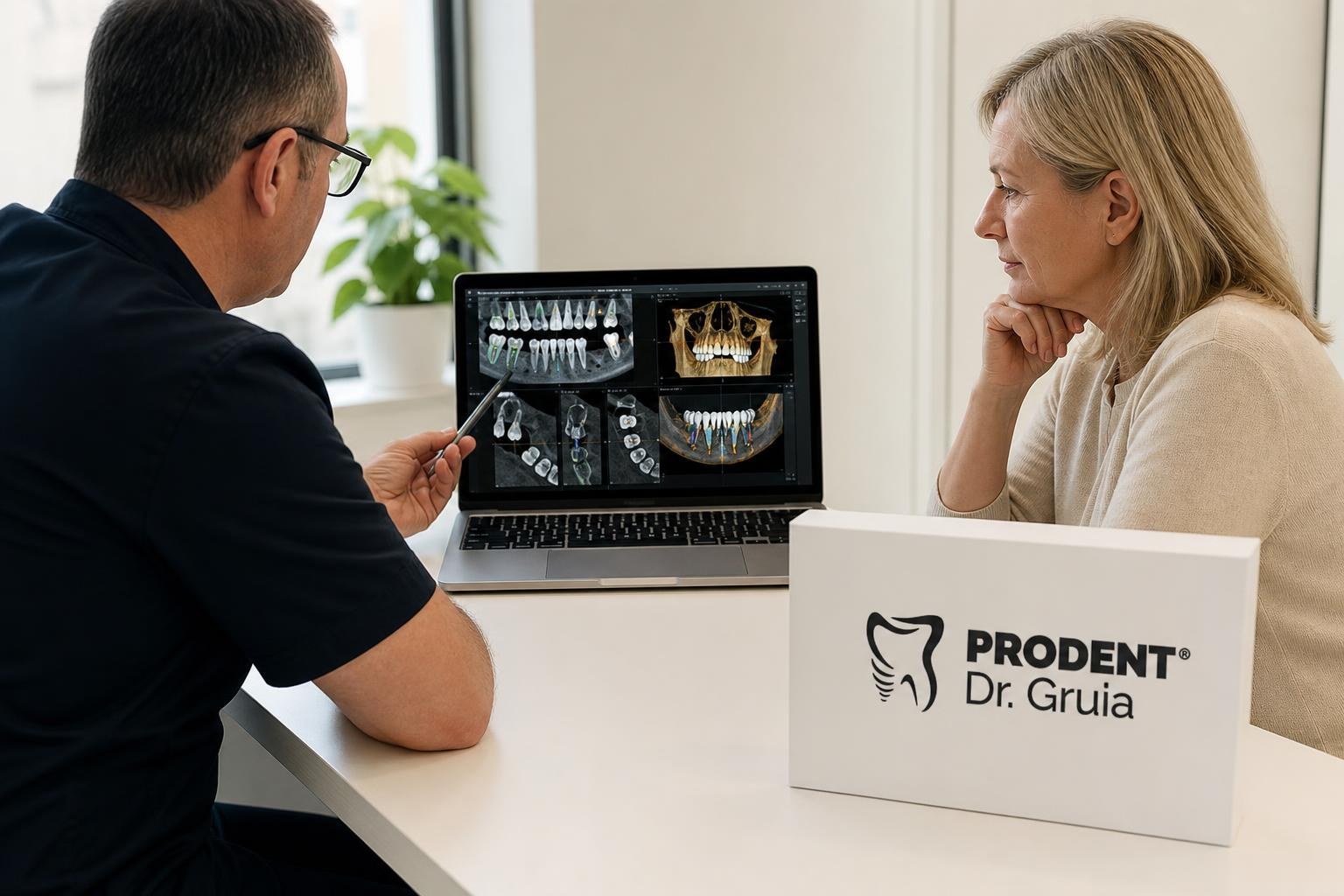 Dentist pointing at digital dental X-rays and 3D jaw scans on a laptop while consulting with a female patient in a bright office.