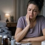 Woman in a dim bedroom grimacing in pain while holding her jaw, with various pill bottles and blister packs on the table in front of her.