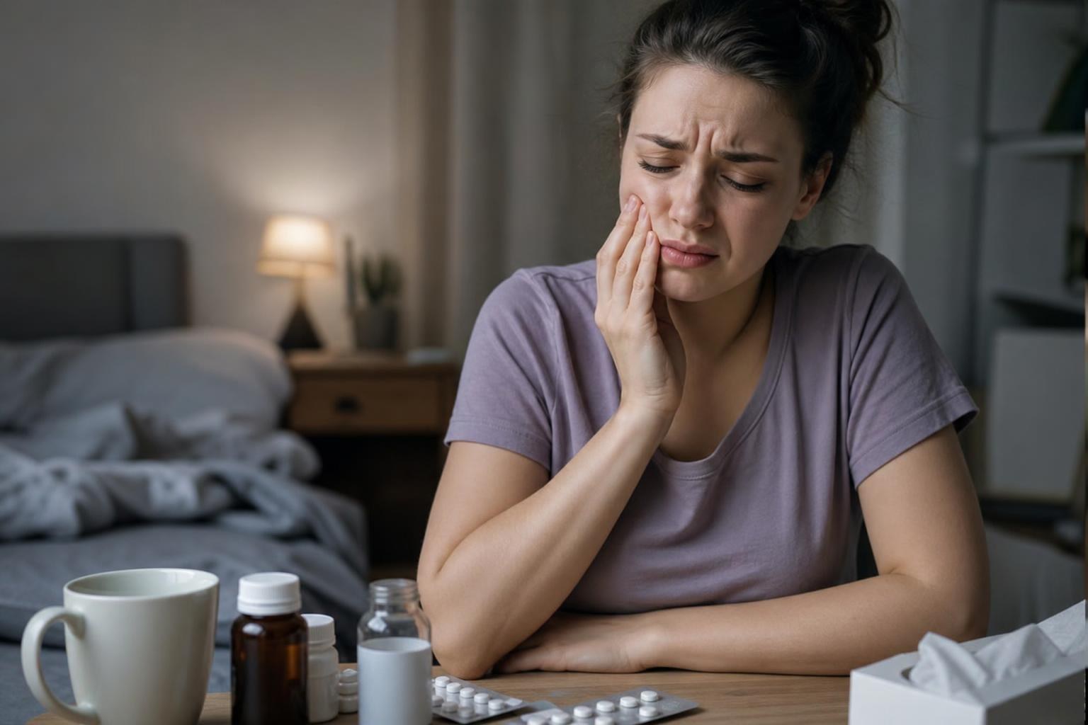 Woman in a dim bedroom grimacing in pain while holding her jaw, with various pill bottles and blister packs on the table in front of her.