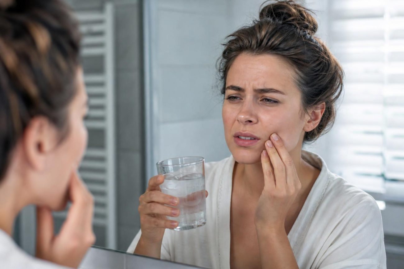 Woman in a white robe winces in pain while holding a glass of ice water and touching her cheek in a bathroom mirror.