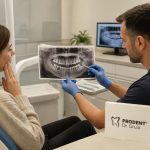 Dentist in blue gloves showing a panoramic dental X-ray to a female patient holding her jaw in a bright, modern clinic.