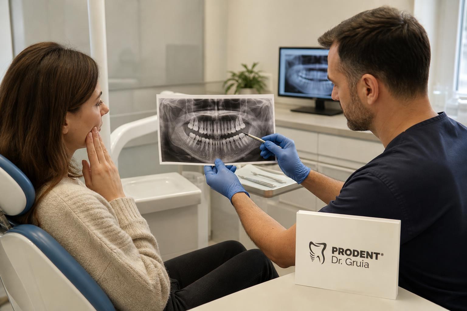 Dentist in blue gloves showing a panoramic dental X-ray to a female patient holding her jaw in a bright, modern clinic.