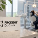 Prodent Dr. Gruia logo sign on a marble counter with a blurred dentist treating a patient in a bright, modern clinic background.