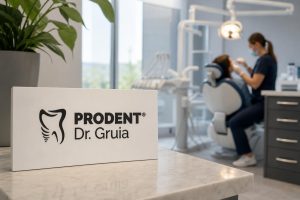 Prodent Dr. Gruia logo sign on a marble counter with a blurred dentist treating a patient in a bright, modern clinic background.