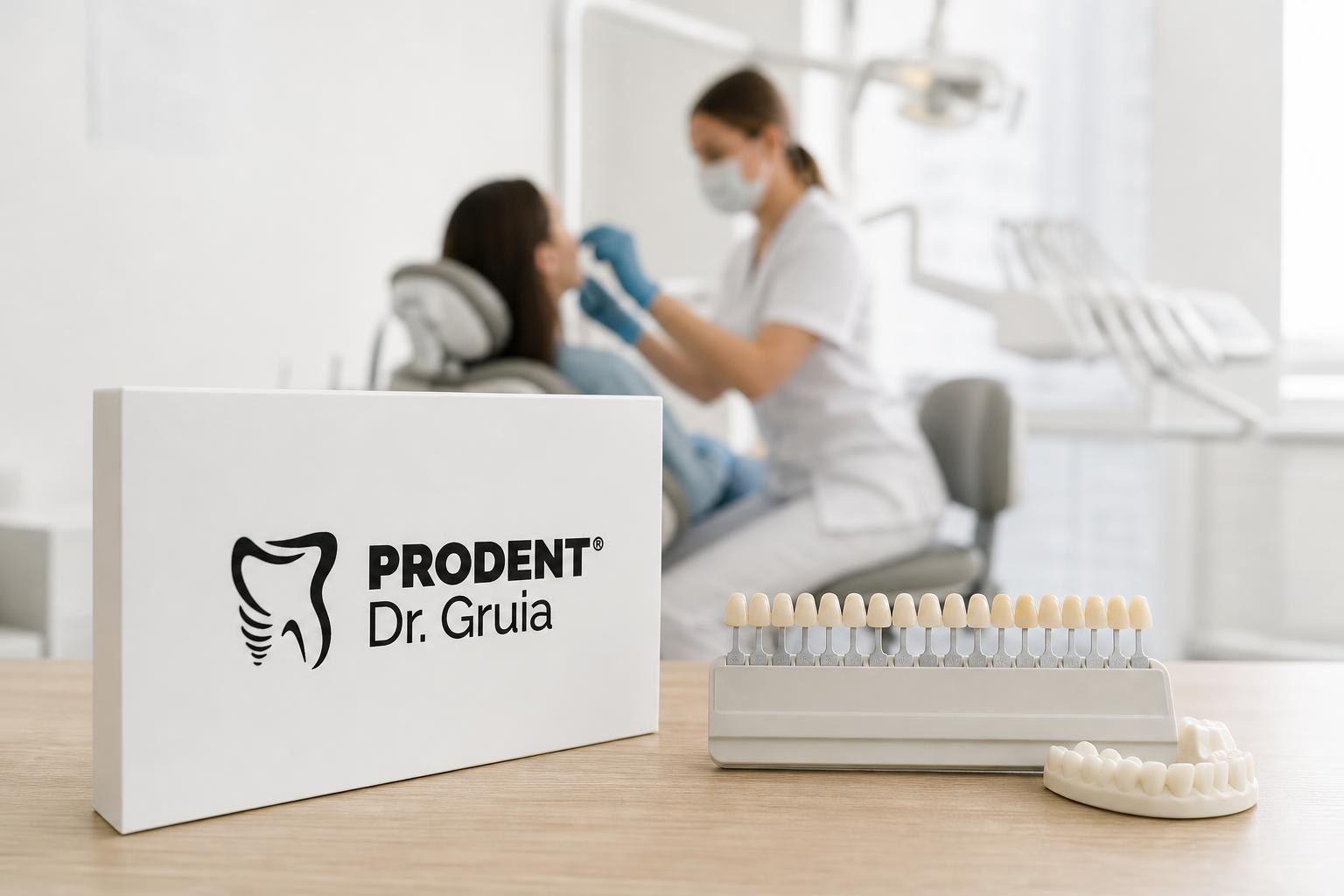 Dental shade guide and Prodent Dr. Gruia logo on a wooden table with a blurred dentist treating a patient in a bright, modern clinic.