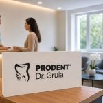 Modern dental clinic reception with a Prodent Dr. Gruia sign in the foreground and a receptionist talking to a patient in a bright waiting area.