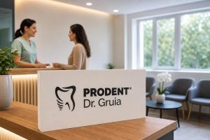 Modern dental clinic reception with a Prodent Dr. Gruia sign in the foreground and a receptionist talking to a patient in a bright waiting area.